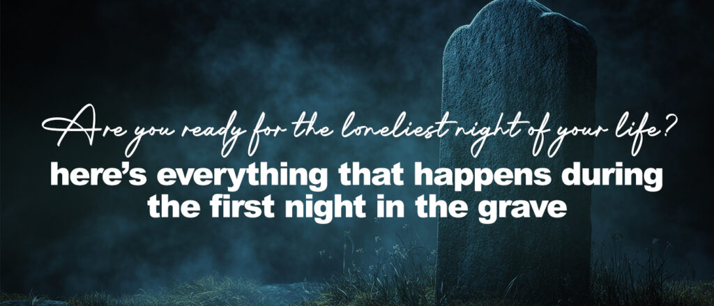 A single, weathered gravestone stands upright in a misty, dimly lit graveyard at night. The stone is surrounded by damp grass and scattered rocks, while a bluish fog drifts through the air, creating a somber and eerie atmosphere.